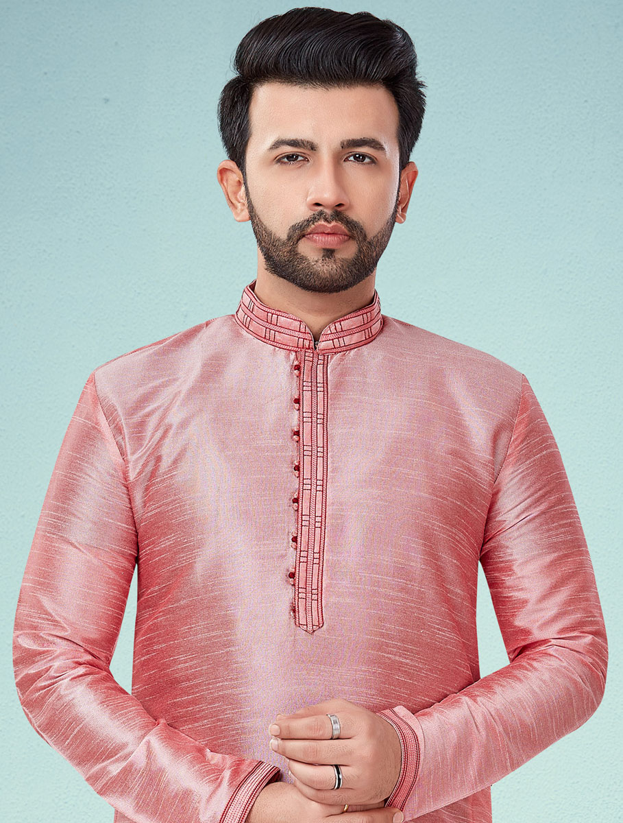 Salmon Pink Dupion Silk Plain Festival Kurta