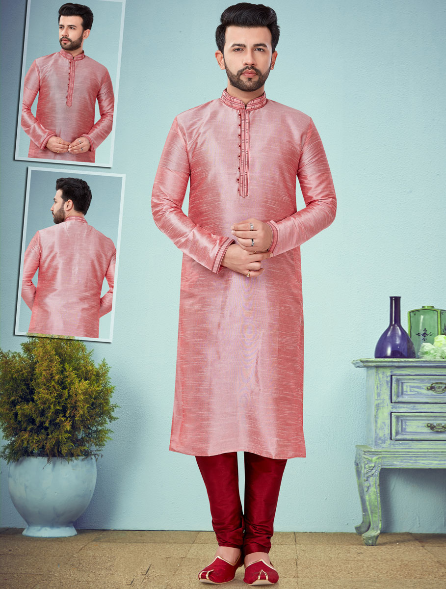 Salmon Pink Dupion Silk Plain Festival Kurta