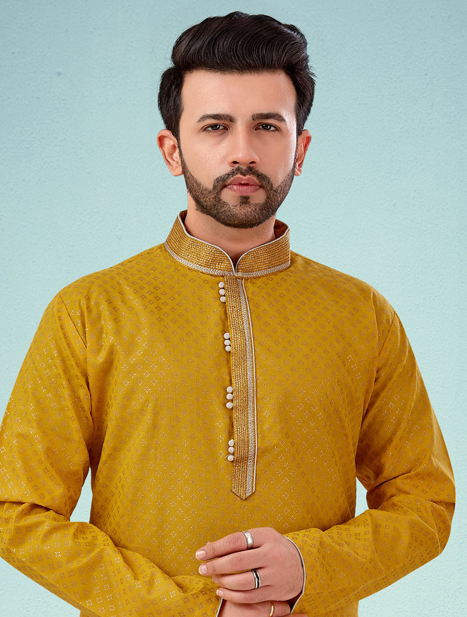 Mustard Yellow Cotton Silk Handwoven Festival Kurta