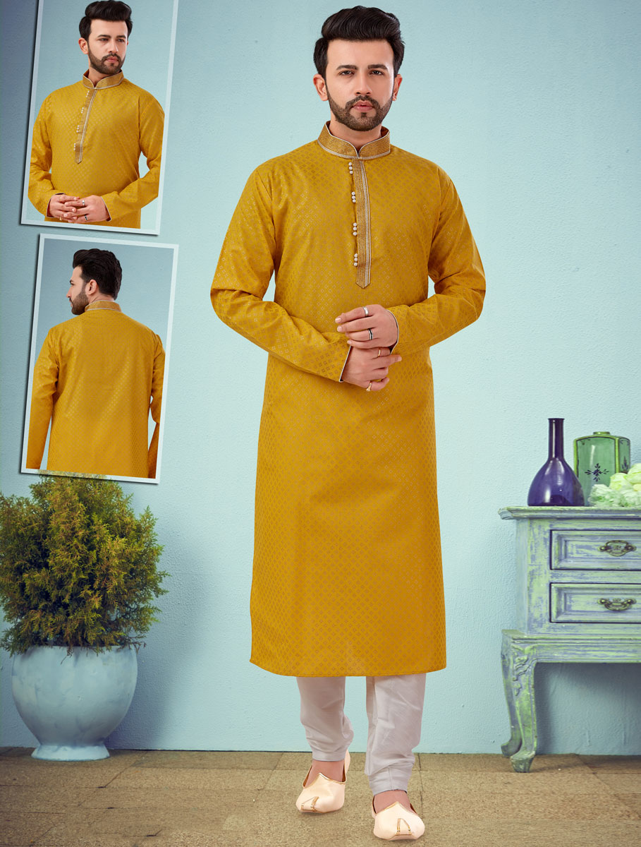 Mustard Yellow Cotton Silk Handwoven Festival Kurta