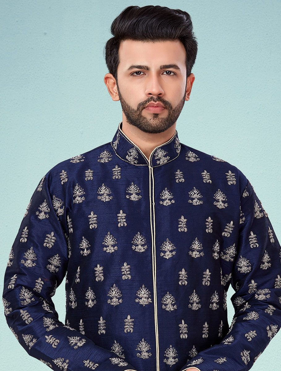 Navy Blue Dupion Silk Dupion Silk Embroidered Wedding Kurta