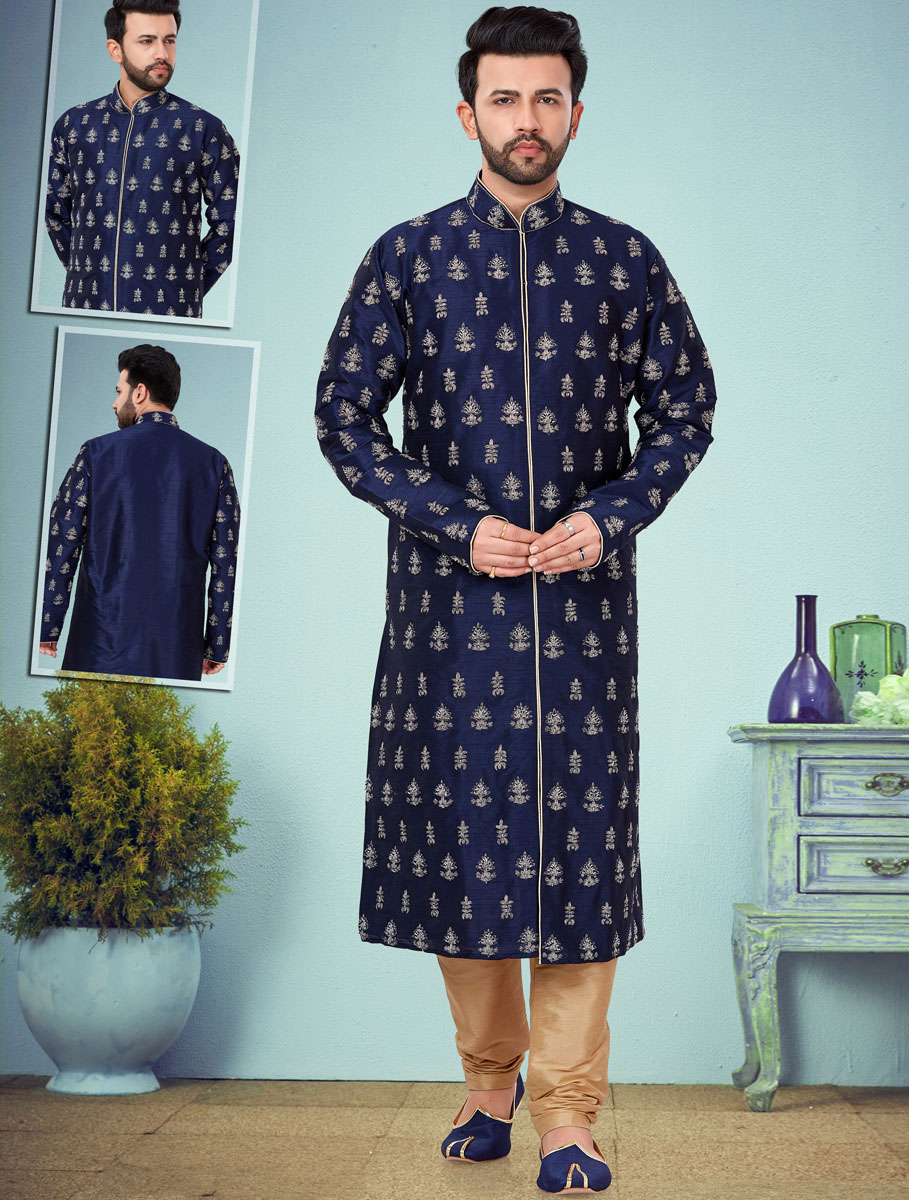 Navy Blue Dupion Silk Dupion Silk Embroidered Wedding Kurta