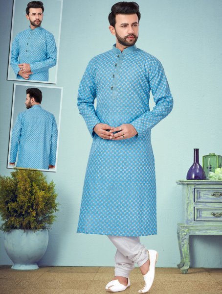 Sky Blue Cotton Silk Printed Festival Kurta