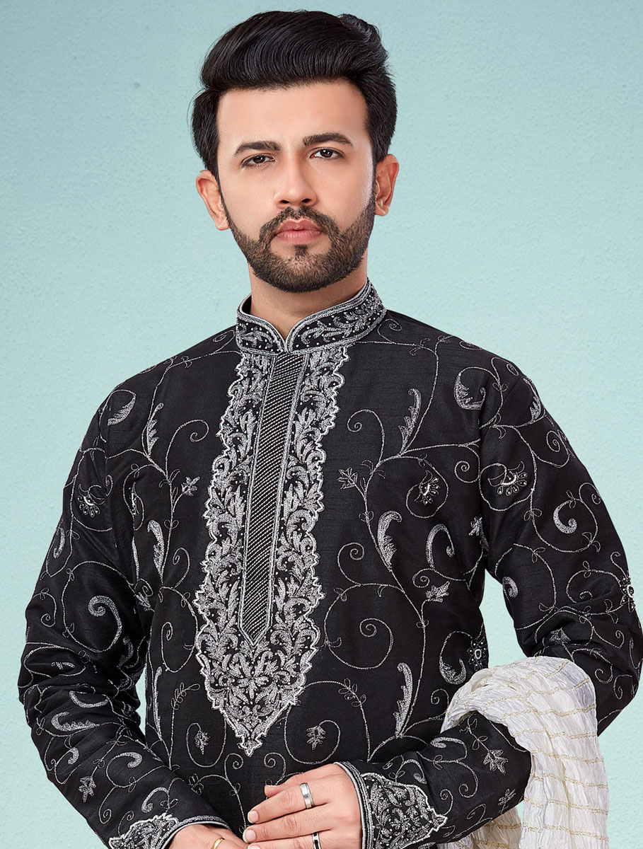 Black Dupion Silk Embroidered Wedding Kurta