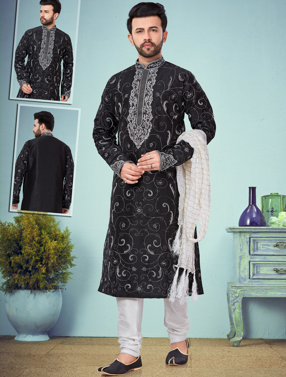 Black Dupion Silk Embroidered Wedding Kurta