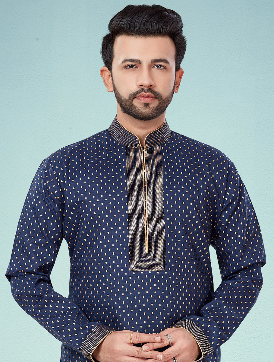 Navy Blue Cotton Silk Printed Festival Kurta