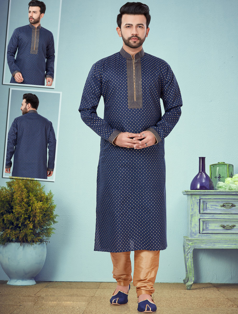 Navy Blue Cotton Silk Printed Festival Kurta