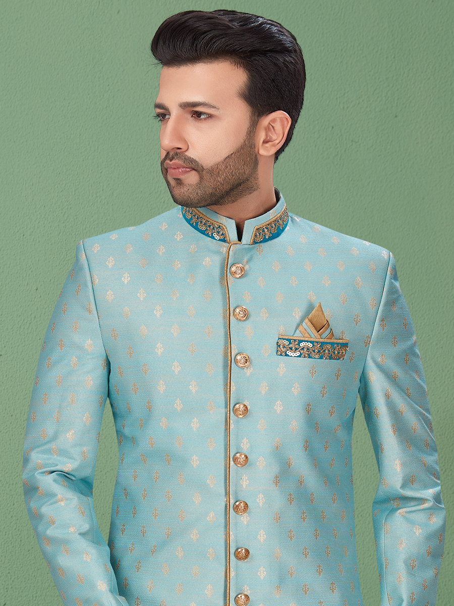 Sky Blue Banarasi Jacquard Handwoven Festival Sherwani