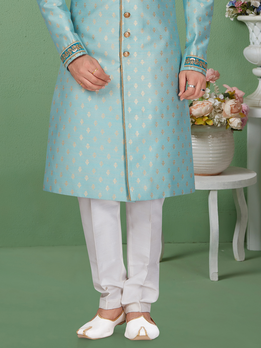 Sky Blue Banarasi Jacquard Handwoven Festival Sherwani