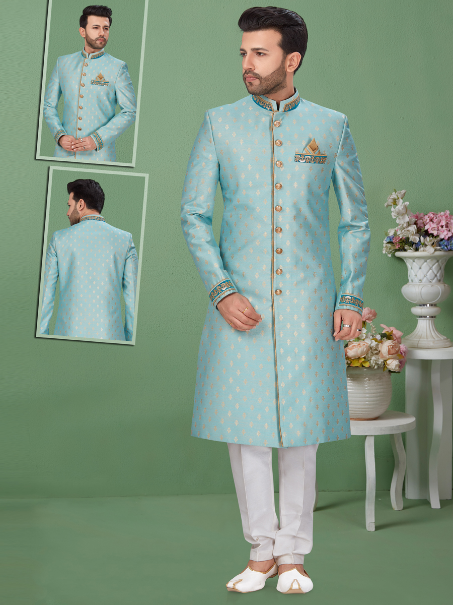 Sky Blue Banarasi Jacquard Handwoven Festival Sherwani