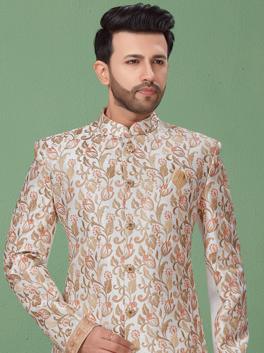 Off-White Dupion Silk Embroidered Festival Sherwani