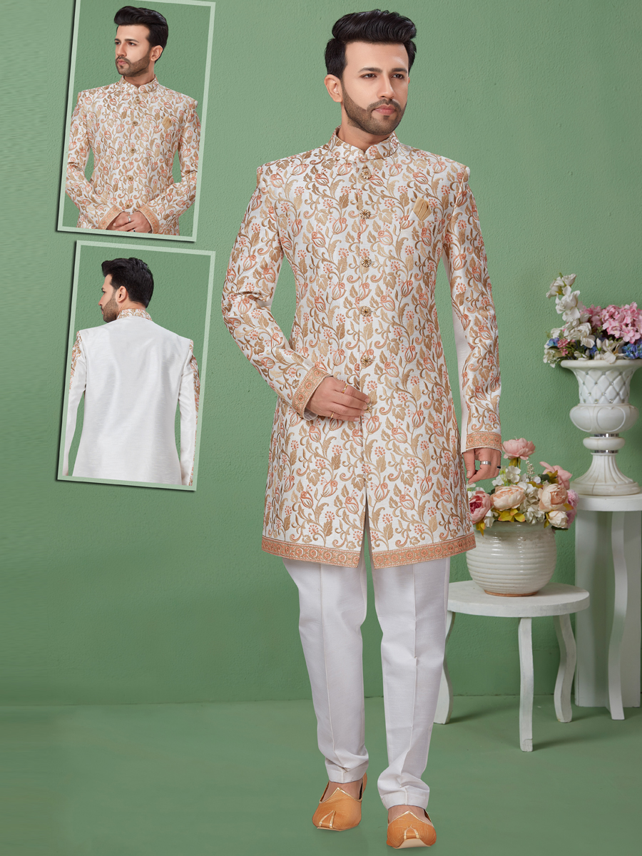 Off-White Dupion Silk Embroidered Festival Sherwani