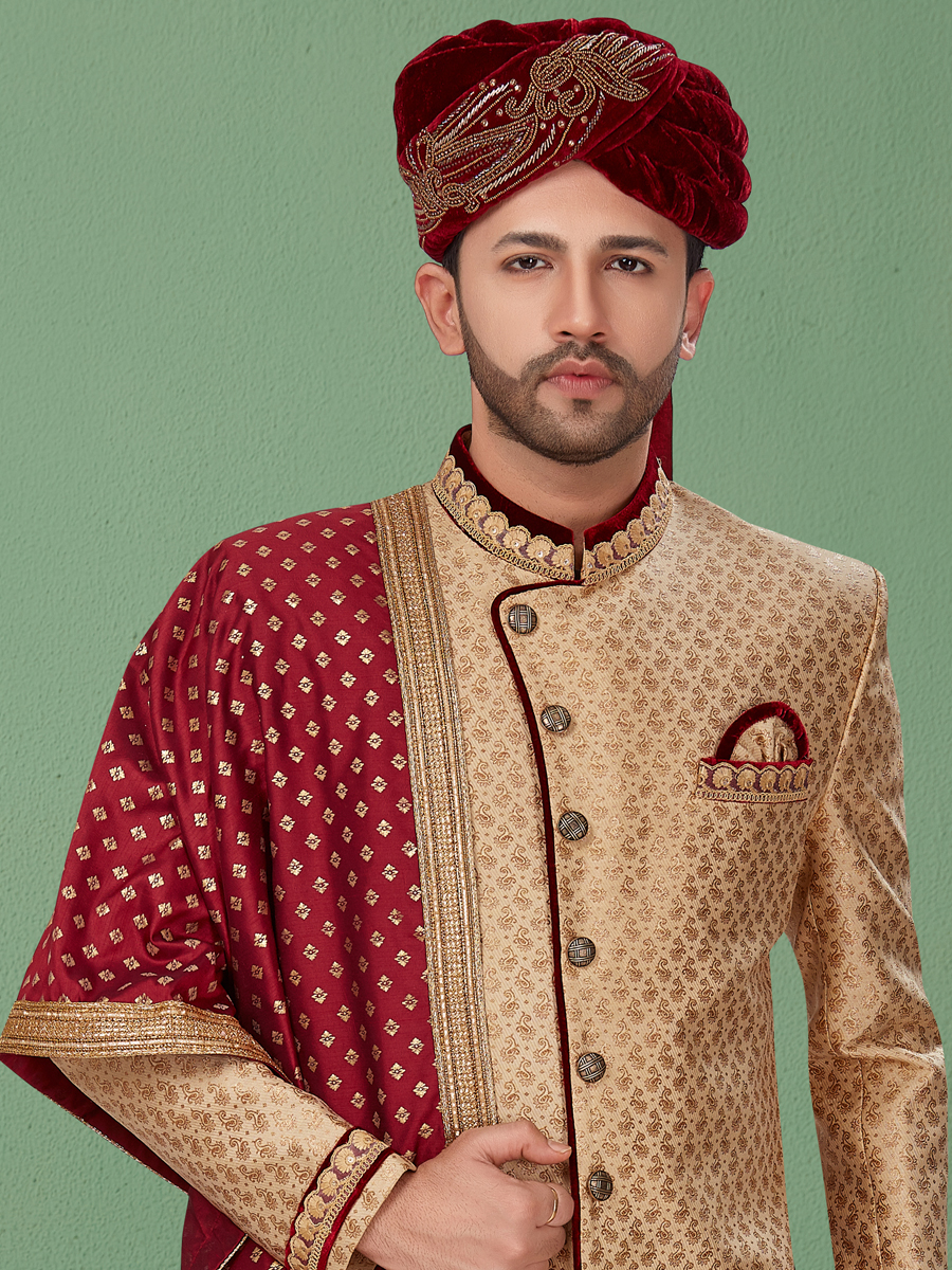 Beige Yellow Banarasi Jacquard Handwoven Wedding Sherwani