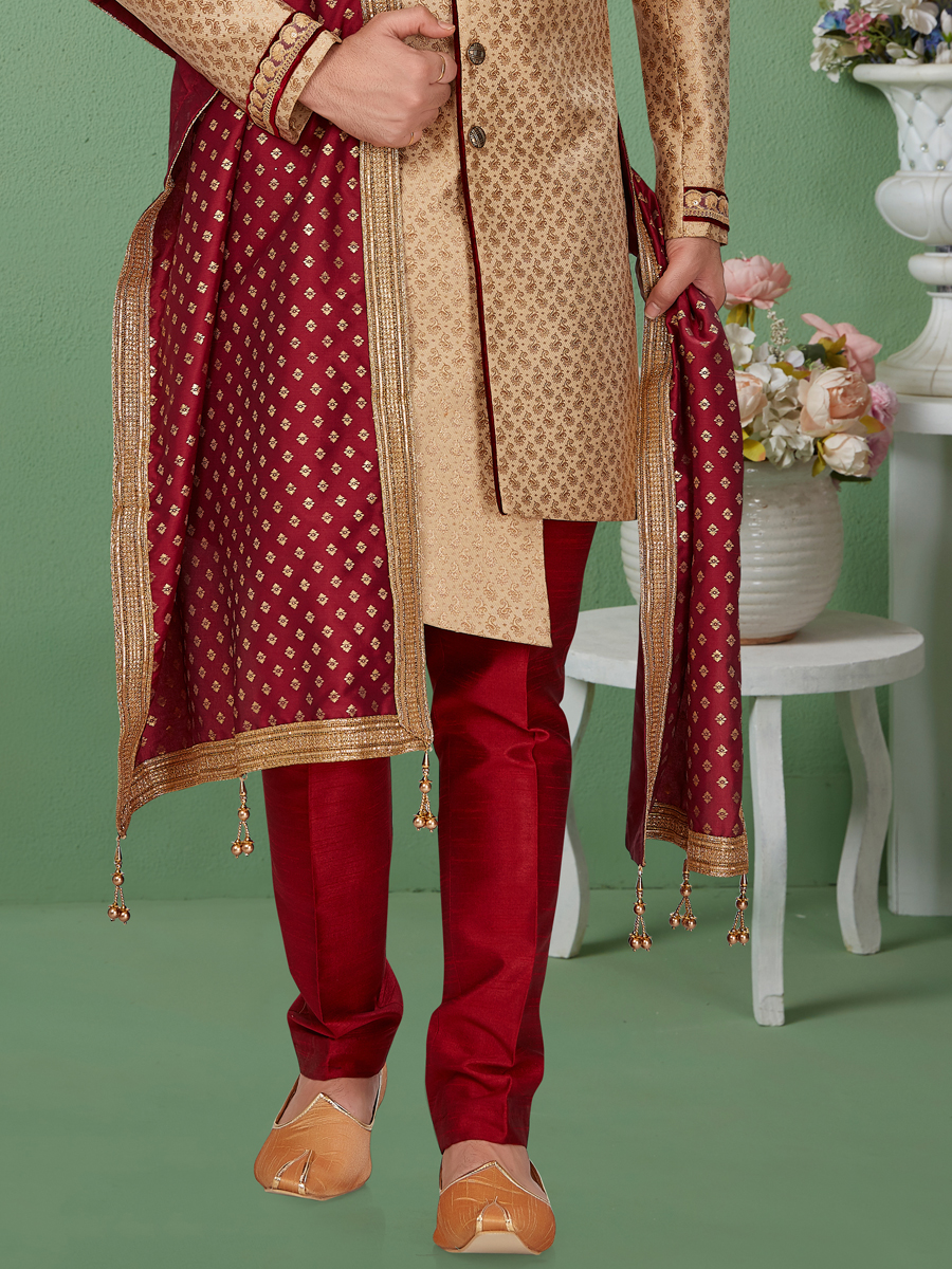 Beige Yellow Banarasi Jacquard Handwoven Wedding Sherwani