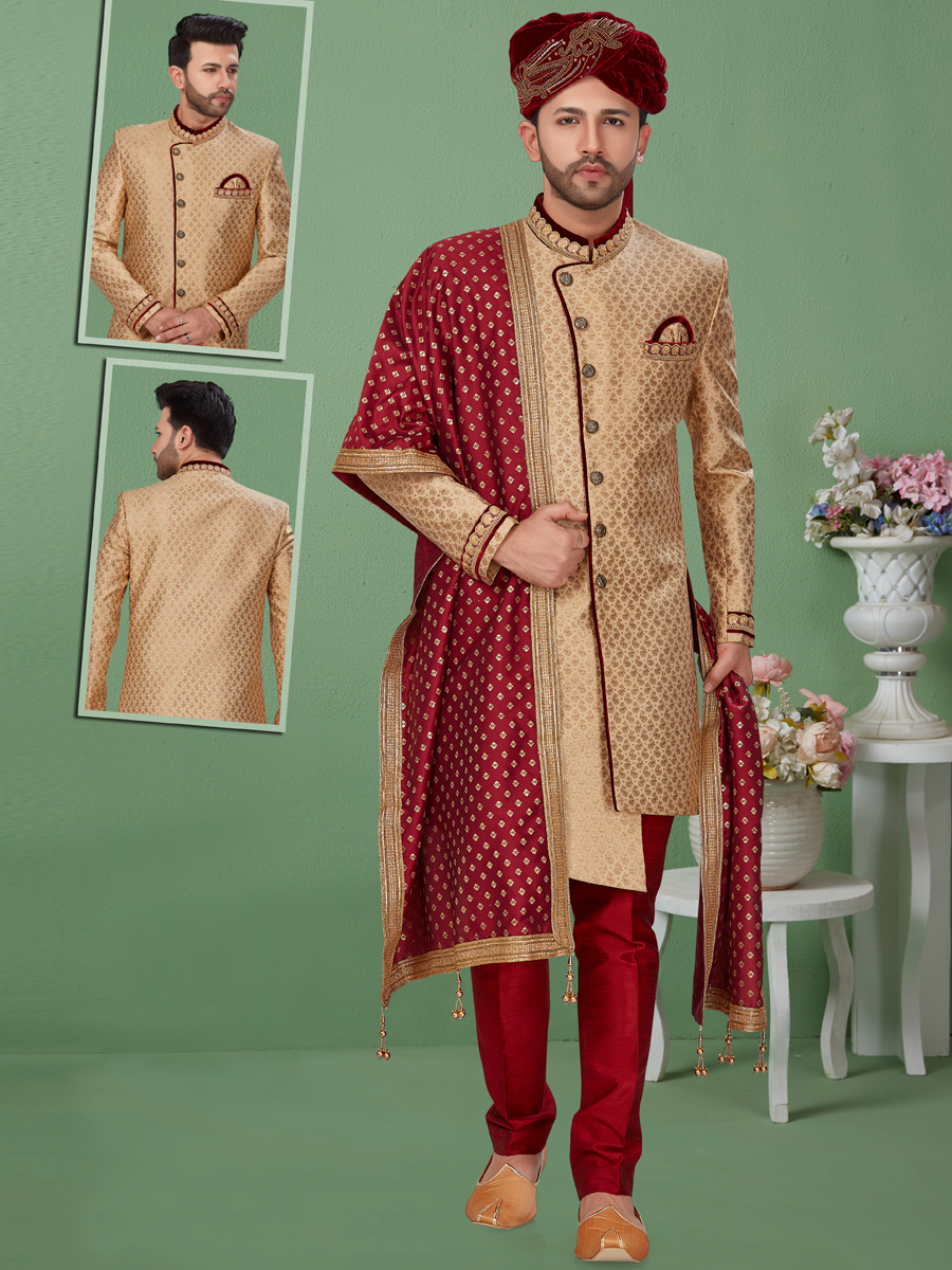 Beige Yellow Banarasi Jacquard Handwoven Wedding Sherwani