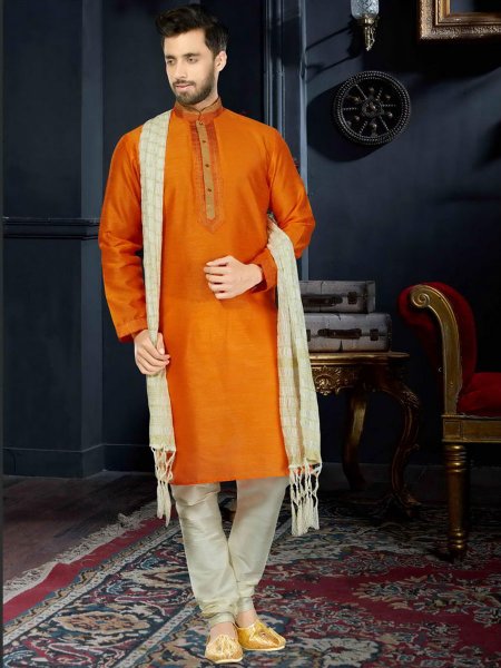 Mustard Yellow Art Dupion Silk Festival Embroidered Kurta