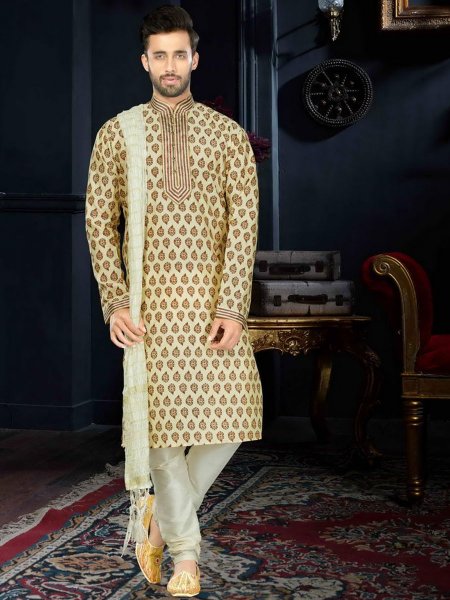 Cream Yellow Cotton Festival Printed Kurta