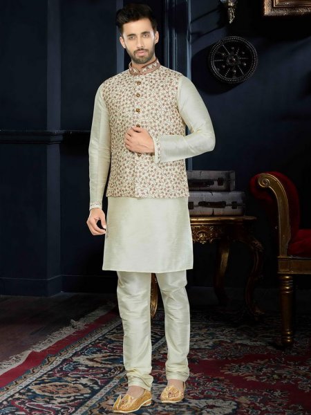 Lemon Yellow Art Dupion Silk Festival Embroidered Kurta