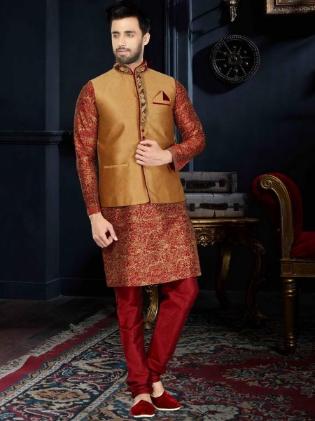 Maroon Art Dupion Silk Festival Printed Kurta