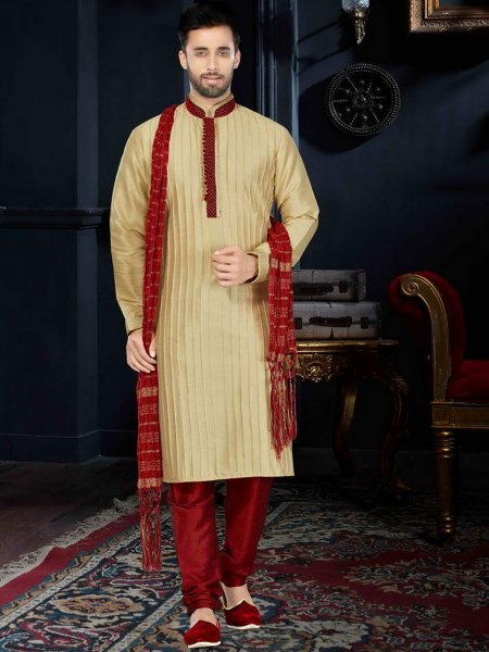 Golden Yellow Art Dupion Silk Festival Embroidered Kurta