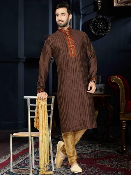 Auburn Brown Art Dupion Silk Festival Embroidered Kurta