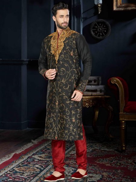 Black Art Dupion Silk Festival Embroidered Kurta