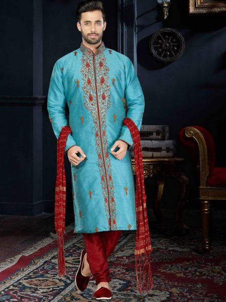 Deep Sky Blue Art Dupion Silk Festival Embroidered Kurta