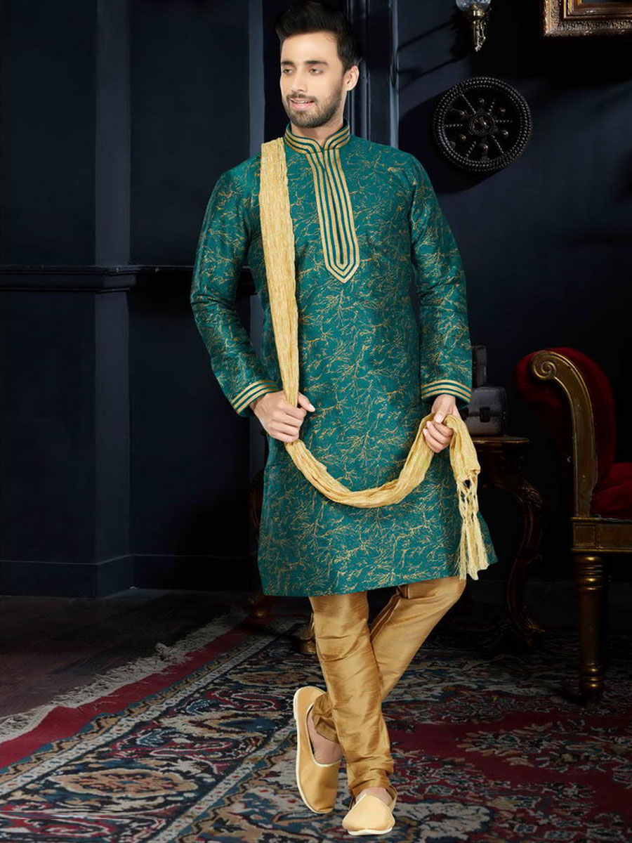 Jungle Green Cotton Silk Festival Embroidered Kurta