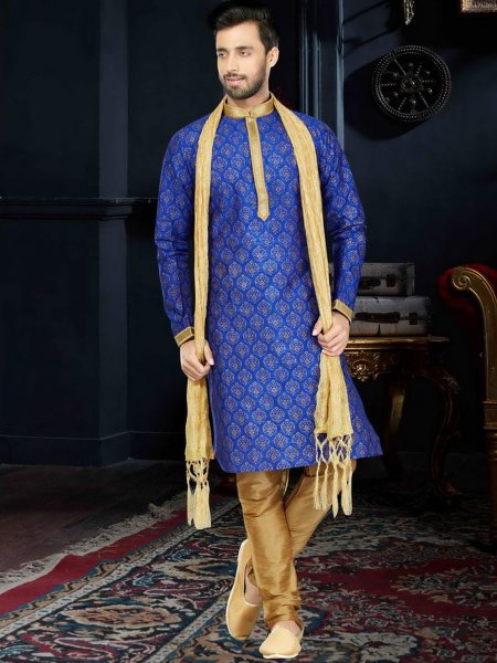 Royal Blue Art Dupion Silk Festival Printed Kurta