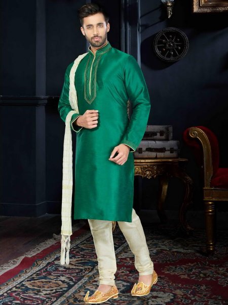 Jungle Green Art Dupion Silk Festival Embroidered Kurta