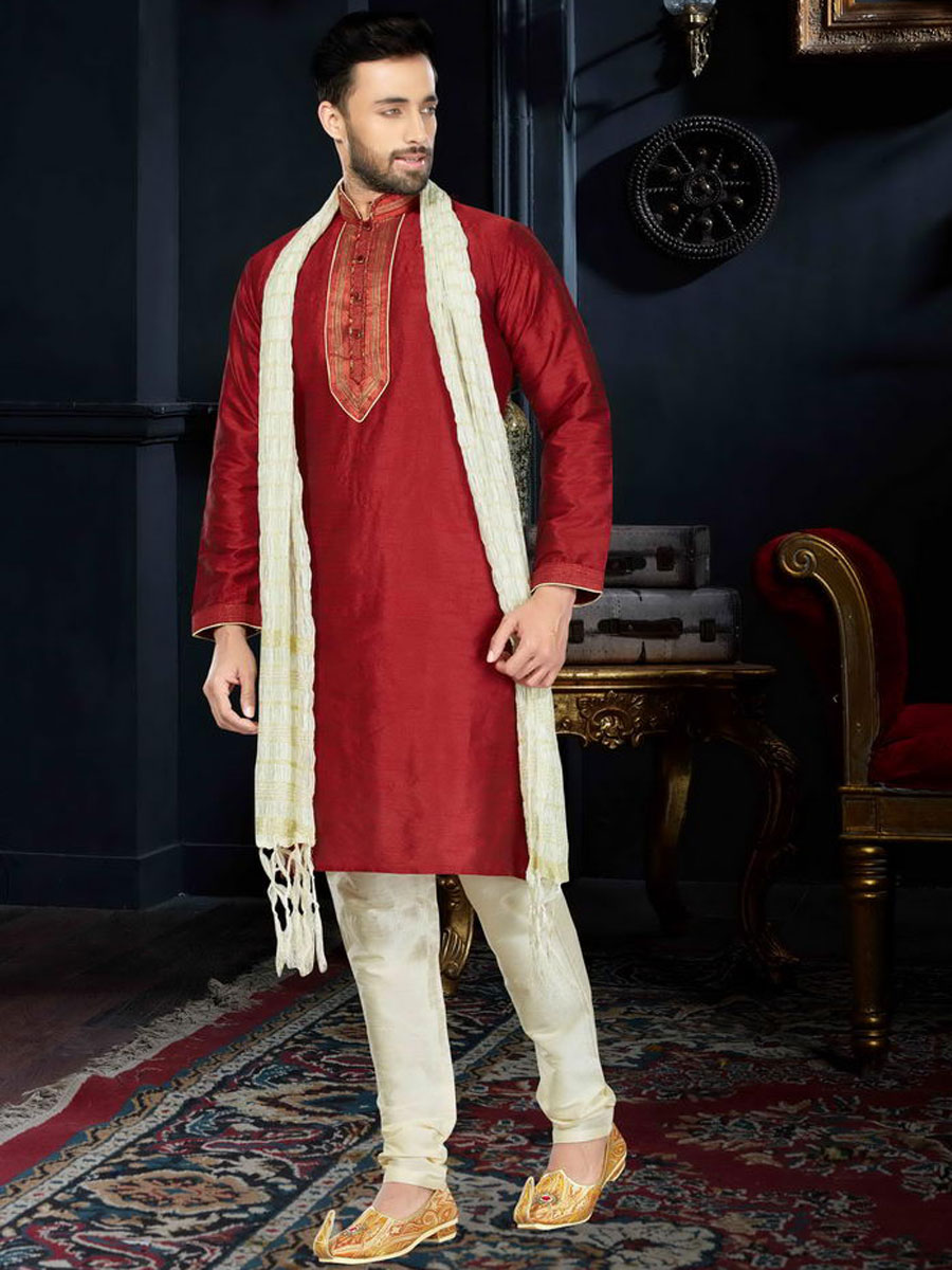 Maroon Art Dupion Silk Festival Embroidered Kurta