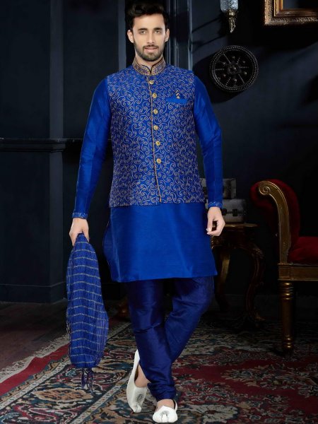 Royal Blue Art Dupion Silk Festival Embroidered Kurta