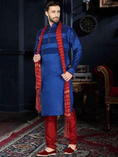 Royal Blue Art Dupion Silk Festival Embroidered Kurta