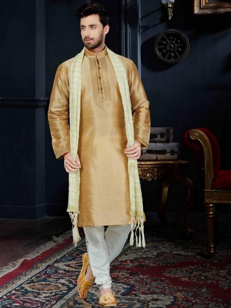 Peach Yellow Art Dupion Silk Festival Embroidered Kurta