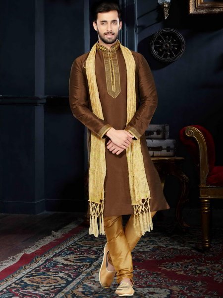 Auburn Brown Art Dupion Silk Festival Embroidered Kurta