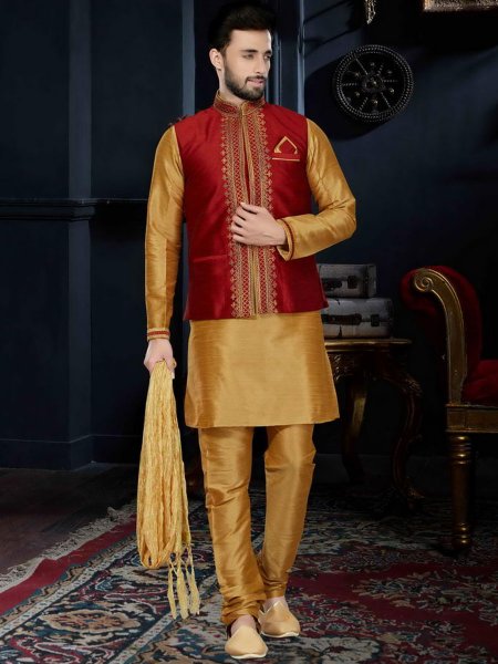Peach Yellow Art Dupion Silk Festival Embroidered Kurta