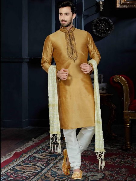 Peach Yellow Art Dupion Silk Festival Embroidered Kurta