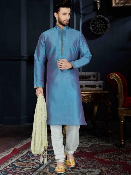 Duke Blue Art Dupion Silk Festival Embroidered Kurta