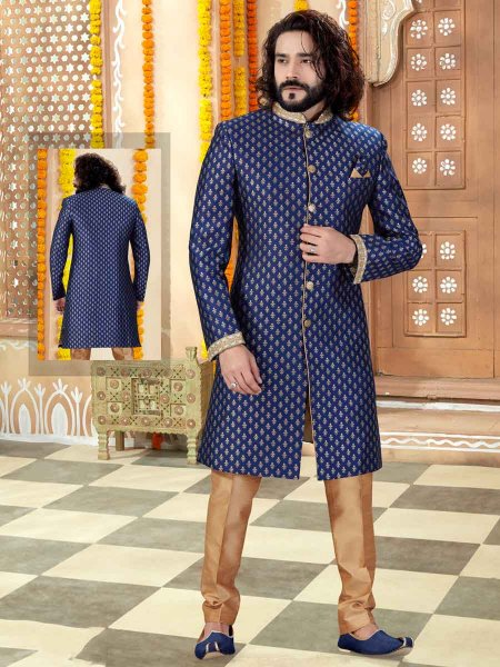 Navy Blue Art Silk Handwoven Wedding Sherwani