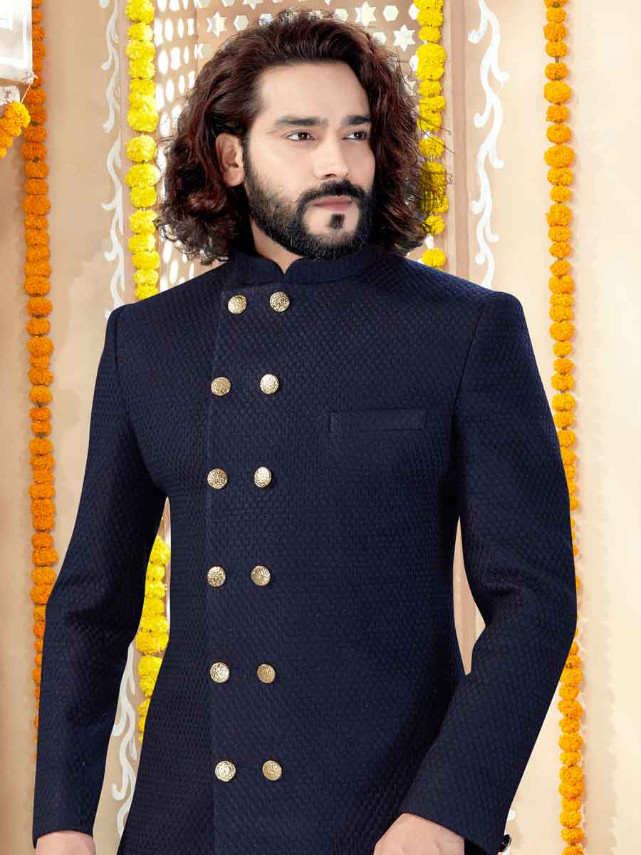 Navy Blue Banglori Silk Plain Wedding Sherwani