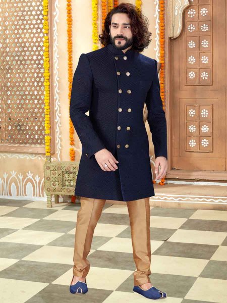 Navy Blue Banglori Silk Plain Wedding Sherwani