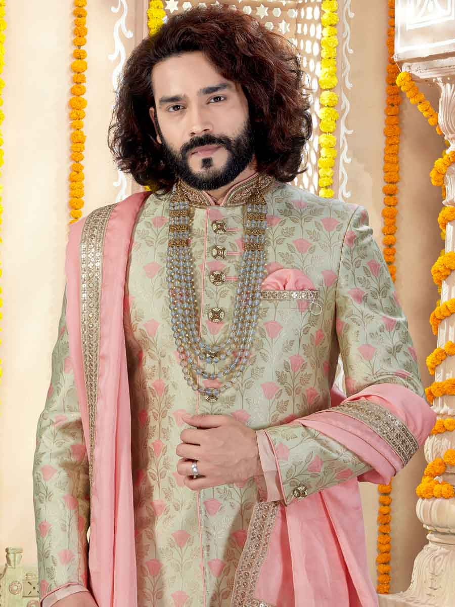 Tea Green Banarasi Silk Handwoven Wedding Sherwani