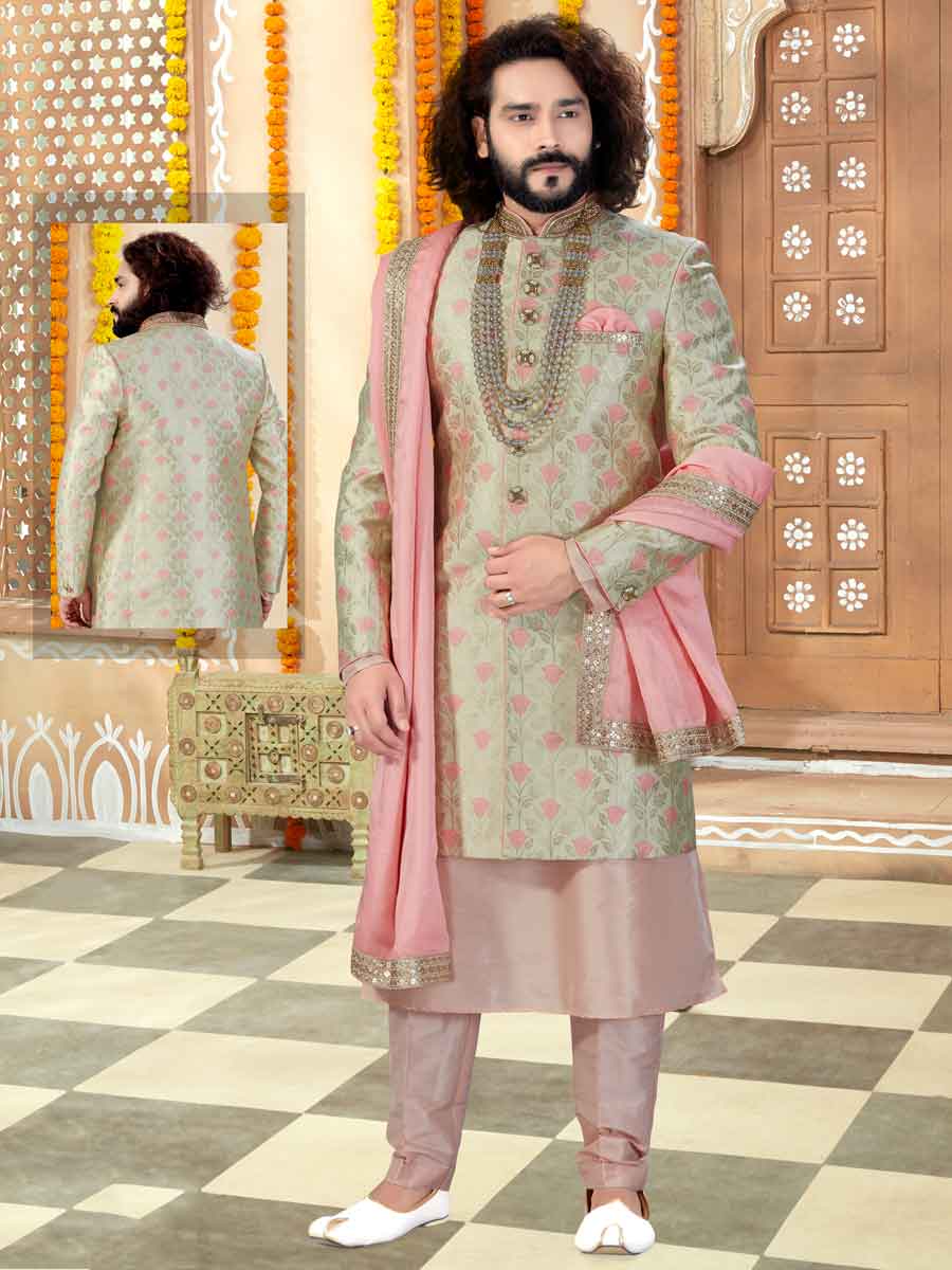 Tea Green Banarasi Silk Handwoven Wedding Sherwani