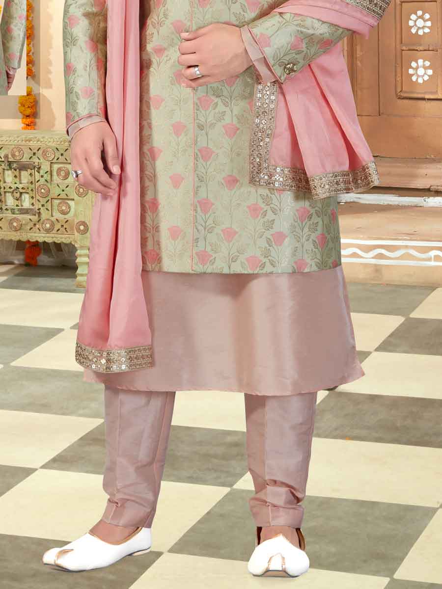 Tea Green Banarasi Silk Handwoven Wedding Sherwani