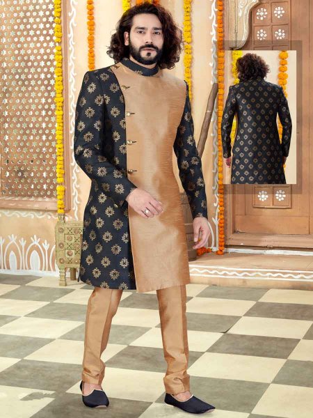 Tan Brown and Black Jacquard &amp; Art Silk Handwoven Wedding Sherwani