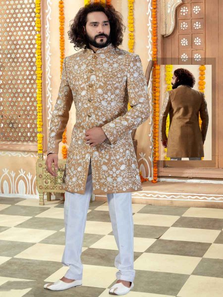 Tan Brown Art Silk Embroidered Wedding Sherwani