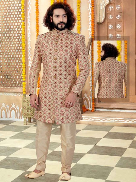 Light Golden Yellow Art Silk Printed Wedding Sherwani