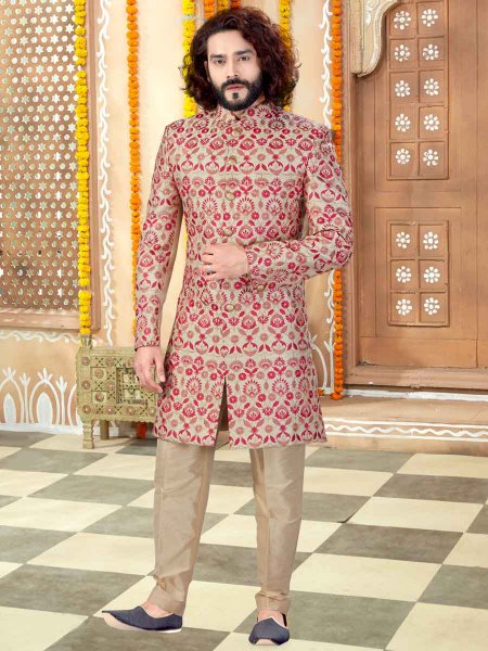 Golden Yellow Art Silk Embroidered Wedding Sherwani