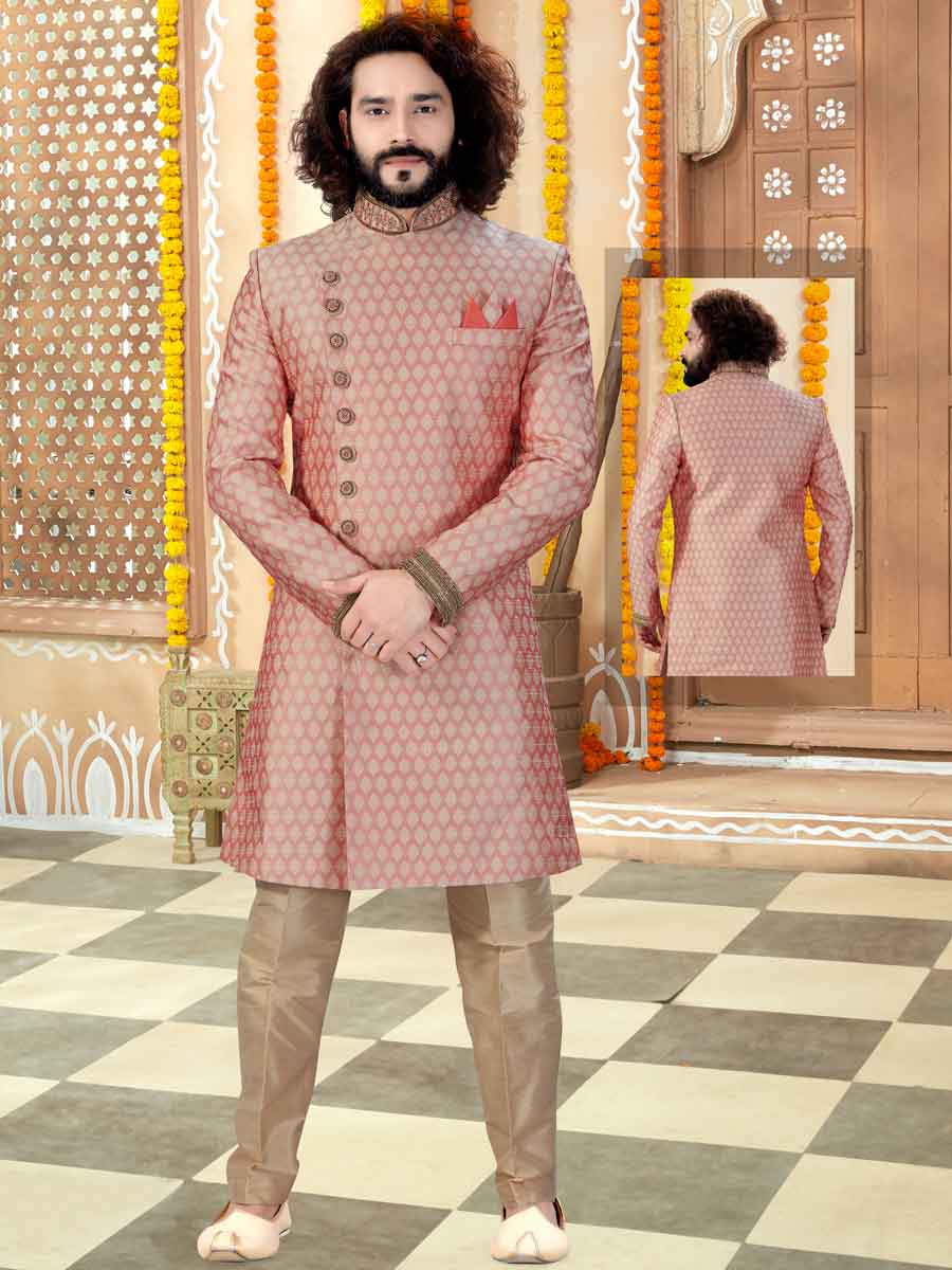Light Pink Banarasi Jacquard Printed Wedding Sherwani