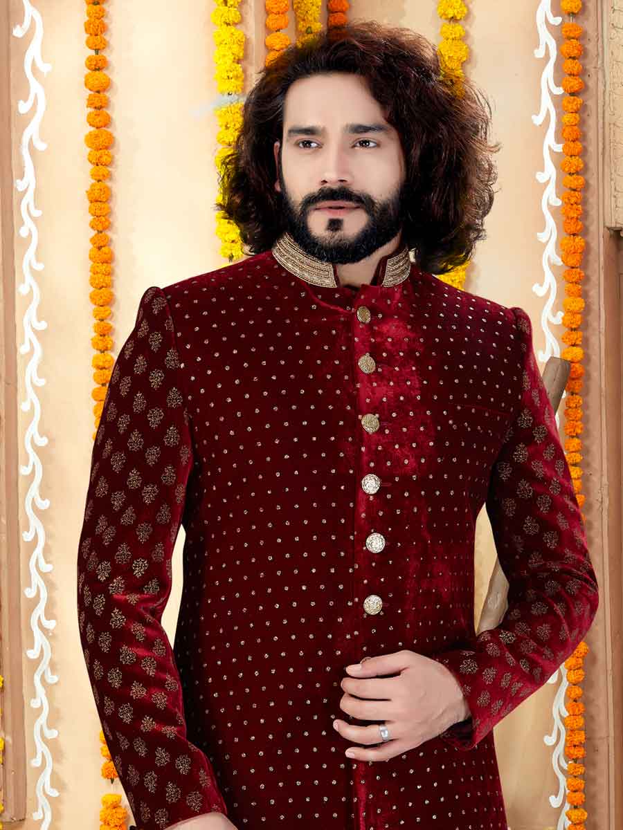 Maroon Velvet Embroidered Wedding Sherwani